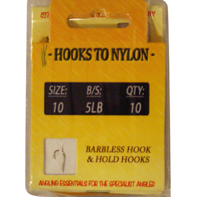A PACK OF 10 BARBLESS HOOKS TO NYLON - 5LB BREAKING STRAIN ( SIZE 10 )