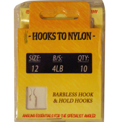 A PACK OF 10 BARBLESS HOOKS TO NYLON - 4LB BREAKING STRAIN ( SIZE 12 )