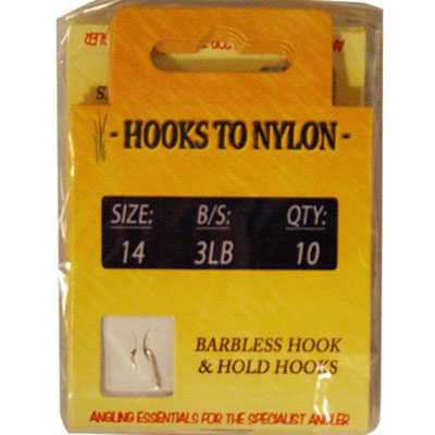 A PACK OF 10 BARBLESS HOOKS TO NYLON - 3LB BREAKING STRAIN ( SIZE 14 )