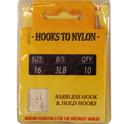 A PACK OF 10 BARBLESS HOOKS TO NYLON - 3LB BREAKING STRAIN ( SIZE 16 )