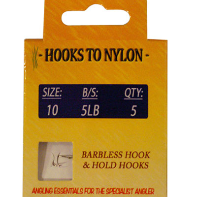 A PACK OF 5 BARBLESS HOOKS TO NYLON WITH PASTE COIL - 5LB BREAKING STRAIN ( SIZE 10 )