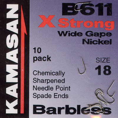 Kamasan B611 X-Strong Barbless Match Wide Gape Nickel Hook Size 18