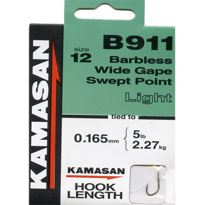 Kamasan B911 Hooks To Nylon Barbless wide gape swept point (light) Size 12