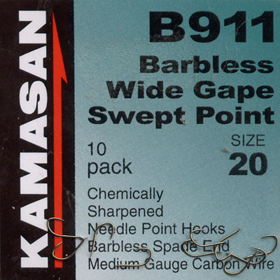 Kamasan B911 Barbless Wide Gape Swept Point Fishing Hook Size 20