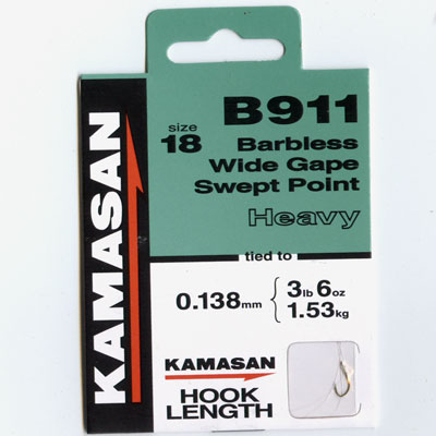 Kamasan B911 Hooks To Nylon Barbless wide gape swept point (heavy) Size 18