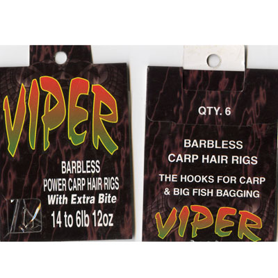 HAIR RIGS SIZE 14 VIPER BARBLESS POWER CARP HAIR RIGS SIZE 14 to 6lb 12oz PACK 6 HOOKS