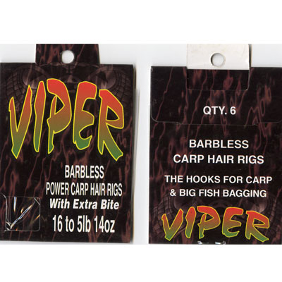 HAIR RIGS SIZE 16 VIPER BARBLESS POWER CARP HAIR RIGS SIZE 16 to 5lb 14oz PACK 6 HOOKS