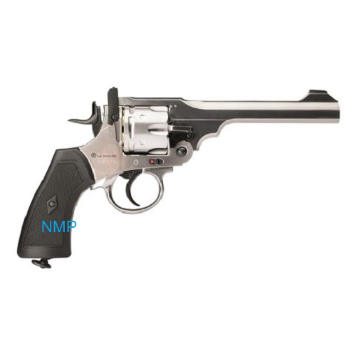 Webley MKVI Service 6 inch Revolver 12g co2 Air Pistol .177 ( 4.5mm 177 Pellet version .455) Limited Edition Silver Finish with Black 2.1 ft/lbs (WPIMK6SB45)