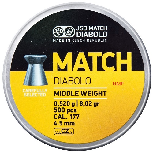 JSB Diabolo Match Flat Head Middle Weight 4.48mm .177 calibre 8.02gr tin of 500 Yellow